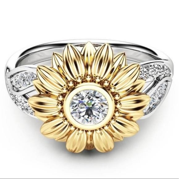 18K YELLOW & WHITE GOLD DIAMOND SUNFLOWER RING - Picture 2 of 3